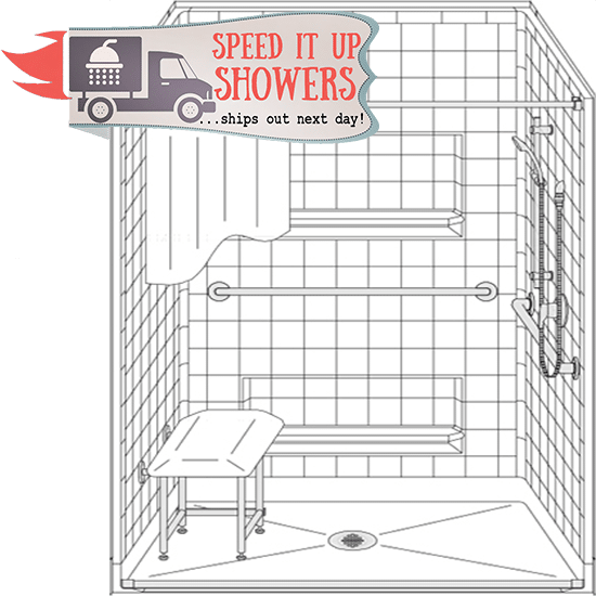 Line drawing of the 4LRS4834B5B Four Piece 48” x 34” Roll-in Shower with grab bars, fold-down seat, and handheld showerhead. A sign says “Ships out next day!” with a delivery truck illustration.