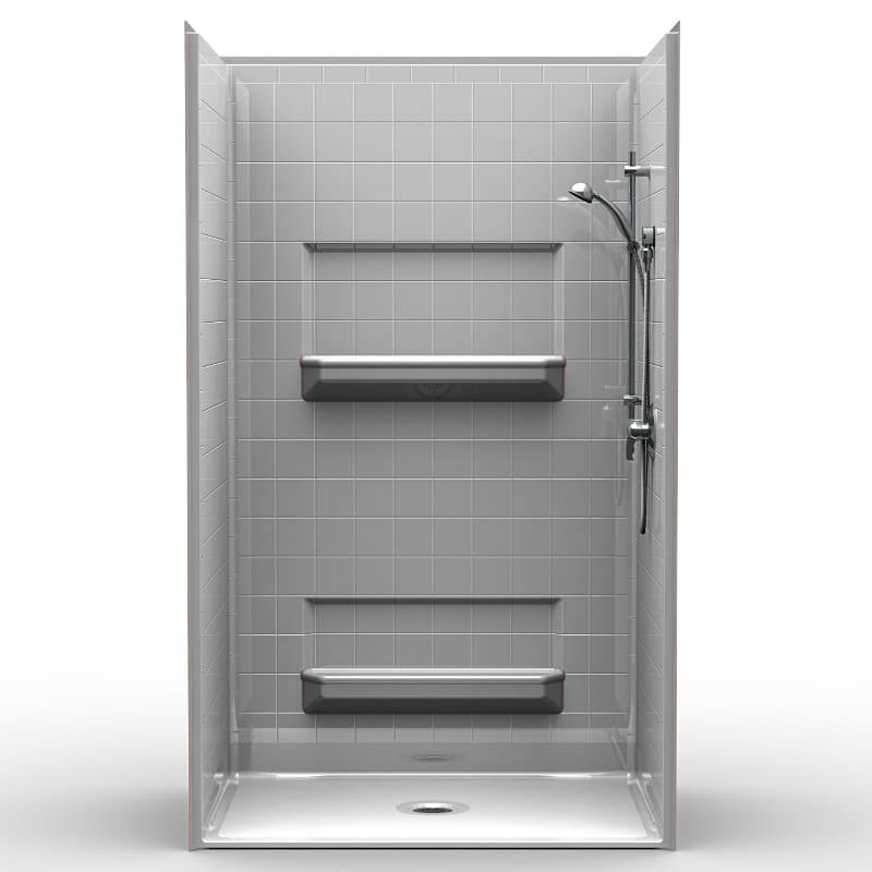 The 4LRS4834B5B Four Piece 48" x 34" Roll-in Shower Package features modern gray tile, two built-in shelves, a handheld showerhead on an adjustable right-side rail, and a white floor with a central drain and .5” threshold.