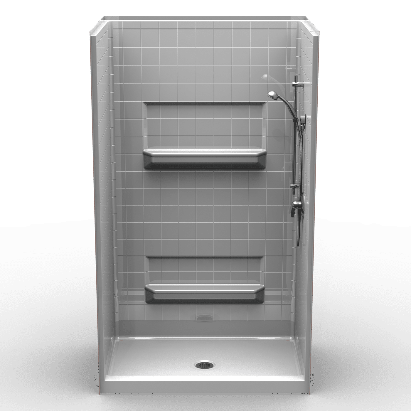 The 4LRS4834 is a modern rectangular walk-in shower, 48"x34" with gray walls, two built-in shelves, a handheld showerhead, 6" threshold, center drain, and an open front design without door or curtain.
