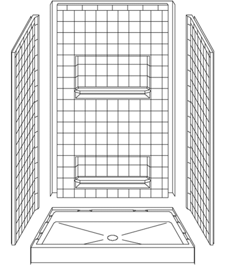 Line drawing of the 4LRS4834: Four Piece 48” x 34” Curbed Shower with three tiled wall panels, two built-in shelves, a 6” threshold, and a rectangular base featuring a center drain.