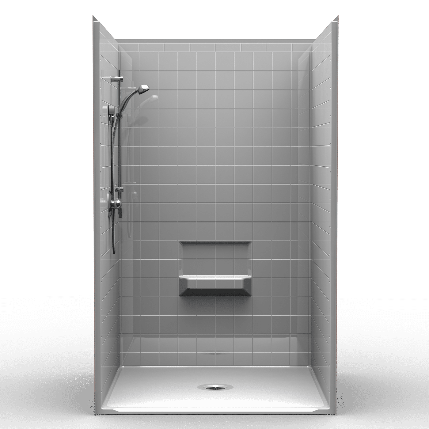 The 4LRS4236B5B Four Piece 42” x 36” Roll-in Shower features light gray square tiles, a wall-mounted adjustable showerhead, a built-in soap shelf, and a white base with a .5” threshold and center drain.