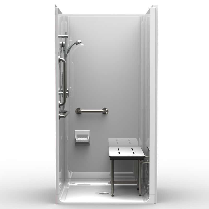 The 4LSS4038A5T is a four-piece 40" x 38" ADA shower with a .5" traditional threshold and center drain, featuring a built-in grab bar, handheld showerhead, soap dish, and foldable bench in a white enclosed stall.