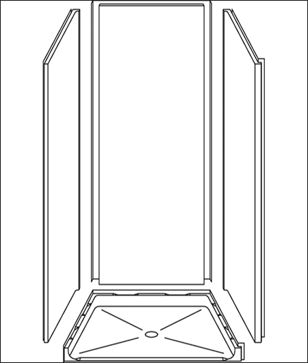 Line drawing of the 4LSS4038A5B shower: a four-piece 40" x 38" ADA unit with three upright wall panels and a rectangular base featuring a .5" beveled threshold and center drain.