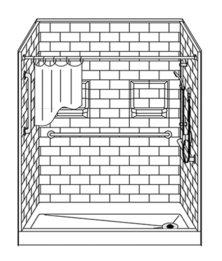 Line drawing of the 5LBS6030 Five Piece 60” x 30” Curbed Shower with a 5.75” threshold, end drain, “subway tile,” three grab bars, shower curtain, two built-in shelves, and a handheld showerhead on the right wall.