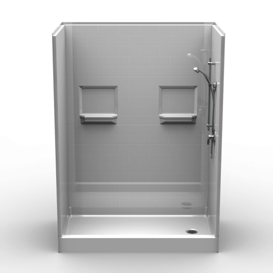A modern 60"x30" white walk-in shower (5LBS6030) with a 5.75" threshold, subway-tile wall design, end drain, two built-in shelves, and a handheld showerhead.