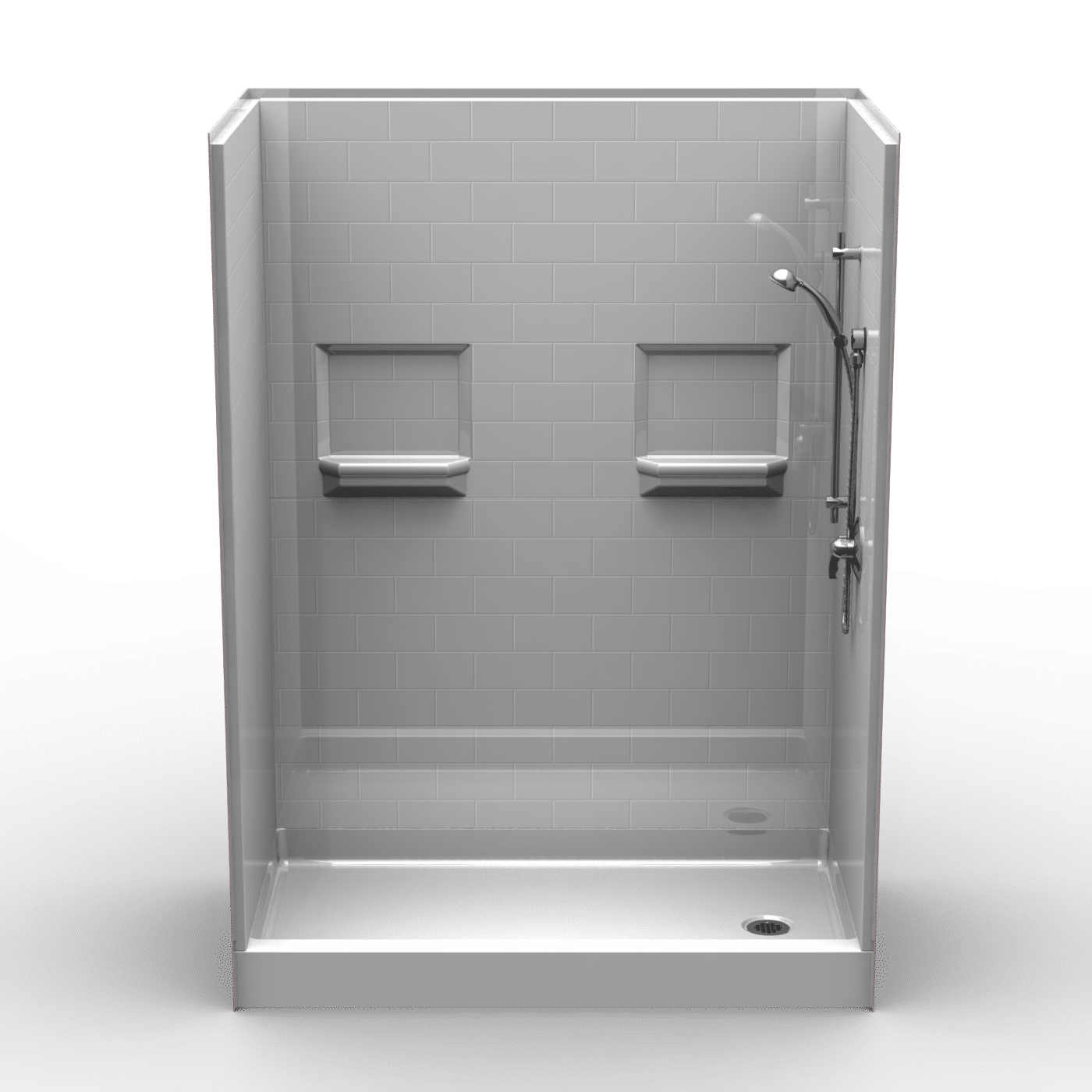 A modern 60"x30" white walk-in shower (5LBS6030) with a 5.75" threshold, subway-tile wall design, end drain, two built-in shelves, and a handheld showerhead.
