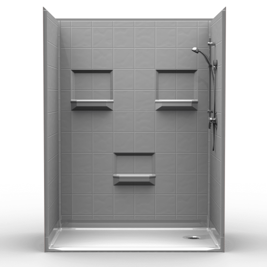 The 5LES6036E1B package features a gray-tiled, 60” x 36” roll-in shower with built-in bench, two corner shelves per side, a handheld showerhead on the right wall, and a white base with front right end drain and 1” threshold.