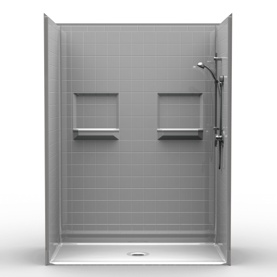 The 5LRS6030B75B Five Piece 60” x 30” roll-in shower features a .75” threshold, center drain, two built-in shelves, a handheld showerhead, and a control panel on the right wall; its white floor is clean and empty.