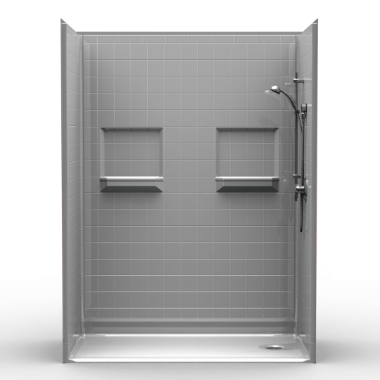 The 5LRS6030E75B Roll-in Shower Package features modern gray tiles, two built-in shelves, a glass door frame, and chrome fixtures on the right wall. A white floor with front right end drain complements its .75” threshold and 60"x30" dimensions.