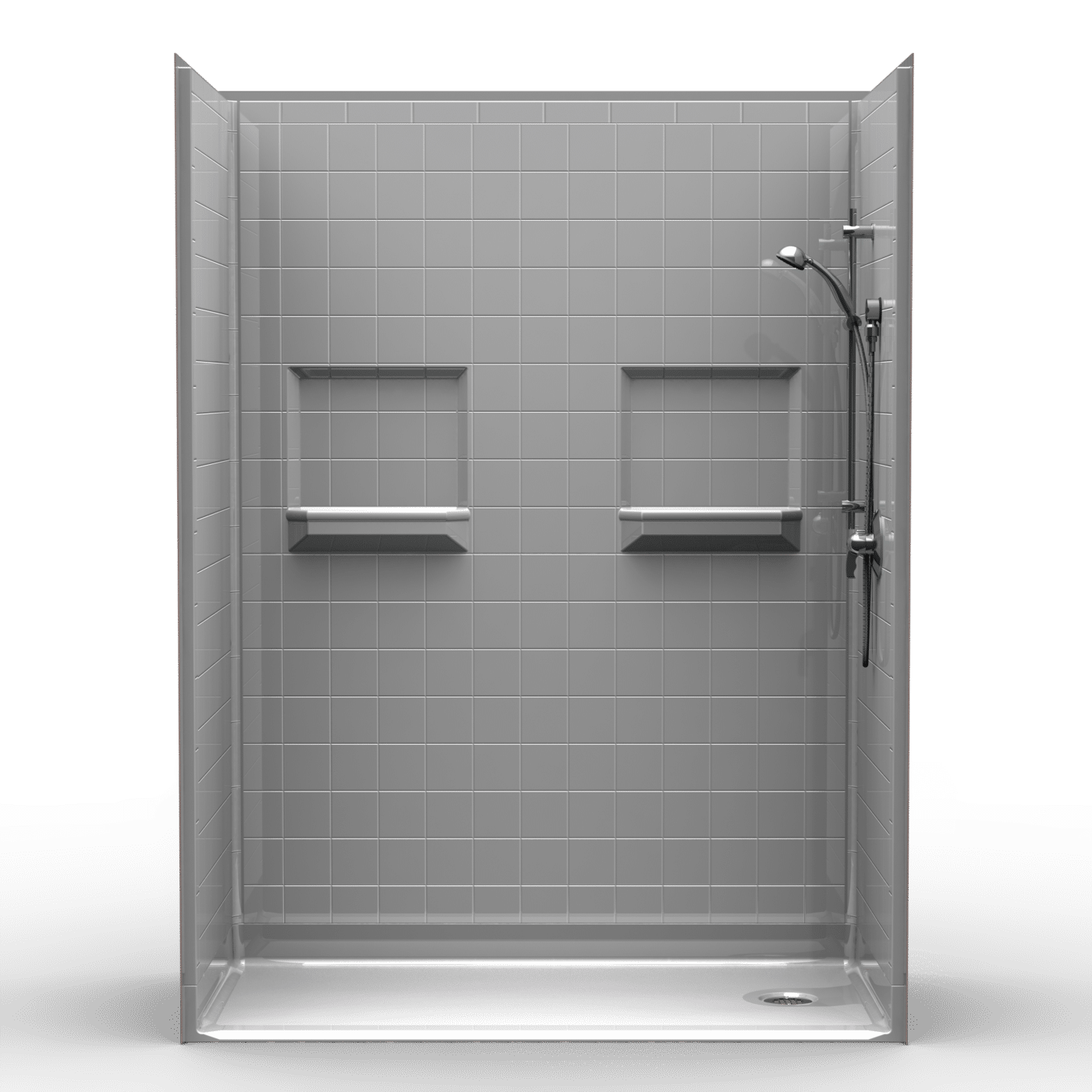 The 5LRS6030E75B Roll-in Shower Package features modern gray tiles, two built-in shelves, a glass door frame, and chrome fixtures on the right wall. A white floor with front right end drain complements its .75” threshold and 60"x30" dimensions.