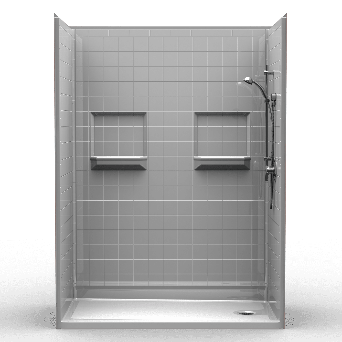 The 5LRS6033 Five Piece 60” x 33” Curbed Shower features a modern rectangular design, light gray square tiles, two rear wall shelves, a handheld showerhead, and an end drain on the white base with a 5.75” threshold.
