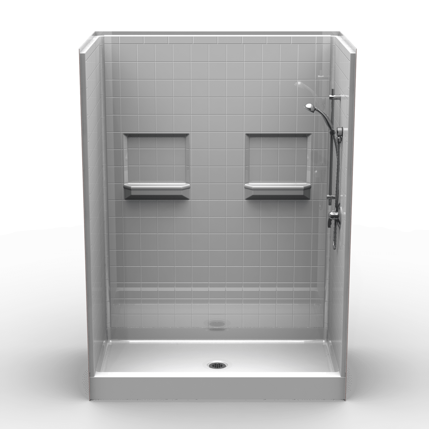 The 5LRS6034 Five Piece 60” x 34” Curbed Shower features light gray square tiles, two built-in shelves, a silver showerhead, handle, and faucet on the right wall, plus a white base with a center drain and 5.75” threshold.