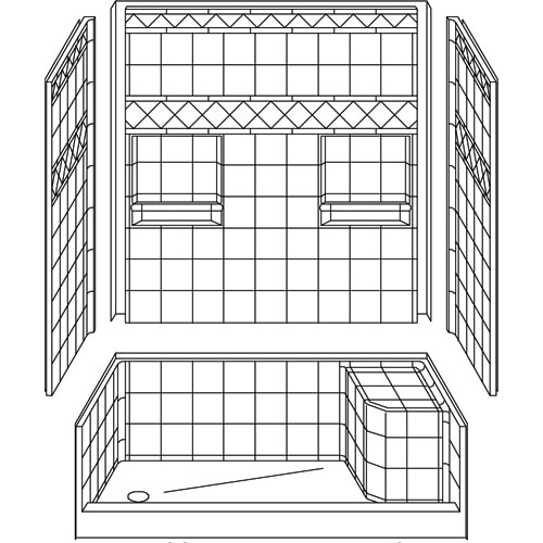 Black and white line drawing of the 4LDSS6030: Four Piece 60” x 30” Curbed Shower with a 5” threshold, end drain, tiled walls, built-in corner shelves, and mold-in seat. Includes front and angled views.