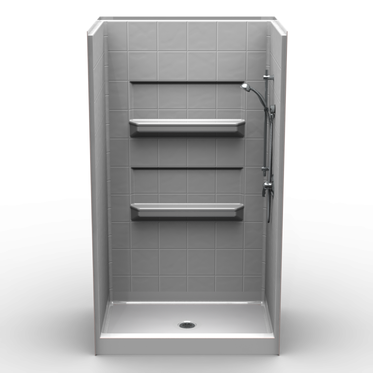 A modern gray tiled shower featuring two built-in shelves and a right-wall handheld showerhead. The 4LES4734 four-piece unit measures 46.75" x 34" with a white curbed base, 4” threshold, and center drain.
