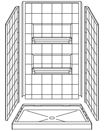 Line drawing of the 4LES4734 Four Piece 46.75” x 34” Curbed Shower with a 4” threshold, center drain, three-panel enclosure, two built-in back wall shelves, shower base in front, all featuring a tiled design.