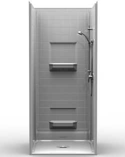 The 4LRS3636B5B is a modern 36” x 36” roll-in shower with gray tiles, three built-in shelves, a handheld showerhead on a sliding bar, and a white .5” threshold base featuring a center drain.