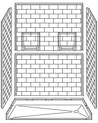 Line drawing of the 5LBS6030E75B: a 60” x 30” five-piece roll-in shower with .75” threshold, end drain, “Subway Tile” walls, three tiled walls, and two built-in wall niches.