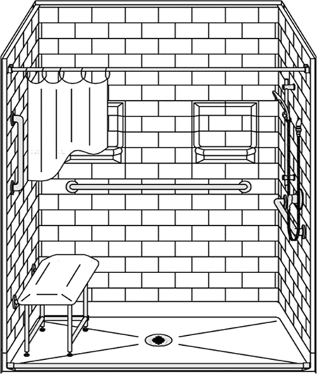 Line drawing of the 5LBS6032B75B: a five-piece 60" x 32" roll-in shower with a .75" threshold, subway tile, center drain, curtain, grab bars on three walls, two shelves, handheld showerhead, bench seat, and sloped floor for water flow.