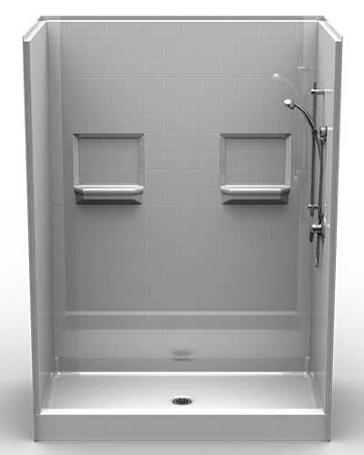 The 5LBS6036 is a five-piece 60” x 36” curbed shower with a 5.75” threshold, center drain, and “Subway Tile”-style light gray walls—featuring built-in shelves, a clear glass door, and handheld showerhead.