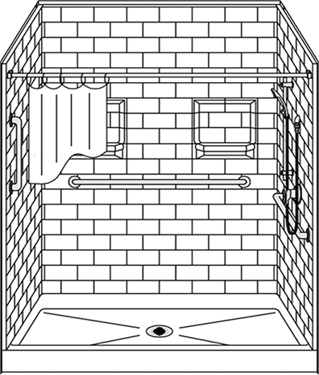 Line drawing of the 5LBS6036 Five Piece 60” x 36” Curbed Shower with a 5.75” threshold, subway tile pattern, center drain, built-in shelves, a shower curtain, and multiple grab bars for accessibility on three tiled walls.