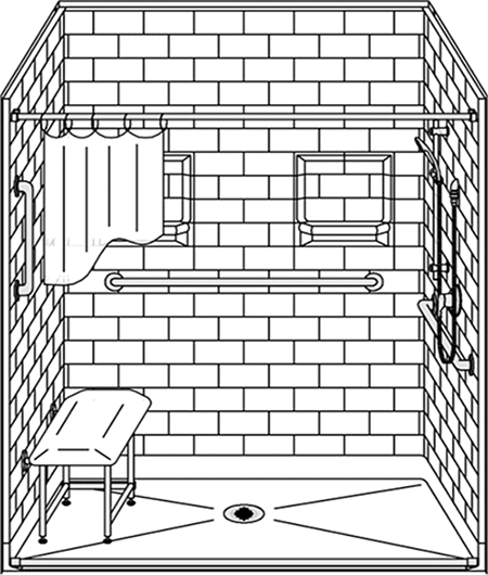 Line drawing of the 5LBS6036B75B: a five-piece 60” x 36” roll-in shower with .75” threshold, center drain, “Subway Tile”, bench, grab bars on three sides, shower curtain, and two built-in shelves.