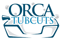 Logo for ORCA TubCut: Convert Your Tub into a Walk-in Shower, featuring a stylized blue bathtub with bubbles and faucet, with "ORCA TUBCUT" in bold blue letters above. Fits standard tubs.