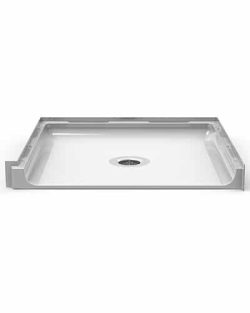 The P4038A5B is a 40” x 38” ADA compliant one-piece shower pan with a .5” beveled threshold, open front, raised edges on three sides, and a center drain.