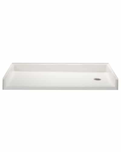 The P6030B17T is a rectangular white 60" x 30" one-piece shower pan with a 1.75" threshold, raised edges on three sides, and an end-positioned circular drain hole.