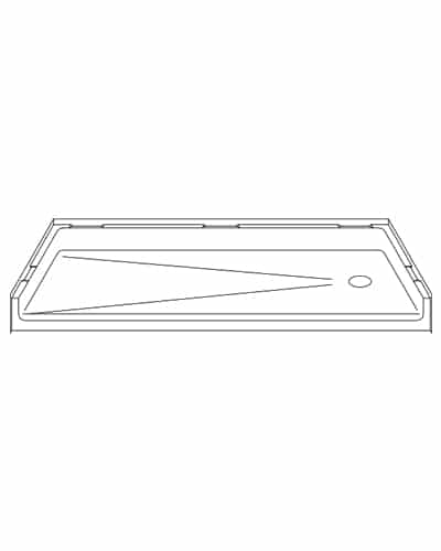 Line drawing of the P6030B17T One-Piece 60” x 30” Walk-in Shower Pan with a 1.75” threshold and end drain, featuring raised edges and a sloped surface channeling water to the circular drain at one end.