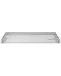 The P6331E1B is a rectangular, white, one-piece 63”x31” ADA compliant shower pan with a 1” beveled threshold and an end drain on the right side, shown from the front against a plain background.