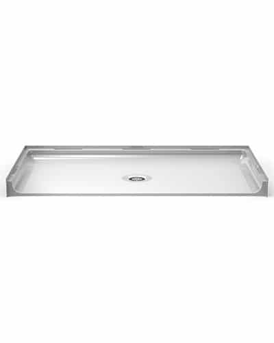 The P6333A75T is a white, one-piece 63” x 33” ADA compliant shower pan with a .75” traditional threshold, raised edges on three sides, an open front for entry, and a center drain in a minimalist design.