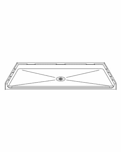 Line drawing of the P6333A75T One-Piece 63” x 33” ADA Compliant Shower Pan featuring a .75” traditional threshold, raised edges, sloped surface for drainage, and a centered circular drain.