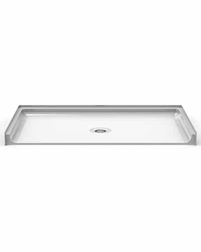 The P6337A75T is a rectangular white one-piece 63” x 37” ADA compliant shower pan with a .75” traditional threshold, raised edges on three sides, an open front edge, and a center drain.