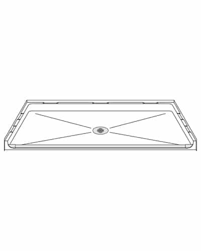 Line drawing of the P6337A75T: One-Piece 63” x 37” ADA Compliant Shower Pan featuring a .75” traditional threshold, raised edges, angled floor lines sloping to a central circular drain. Center drain placement.