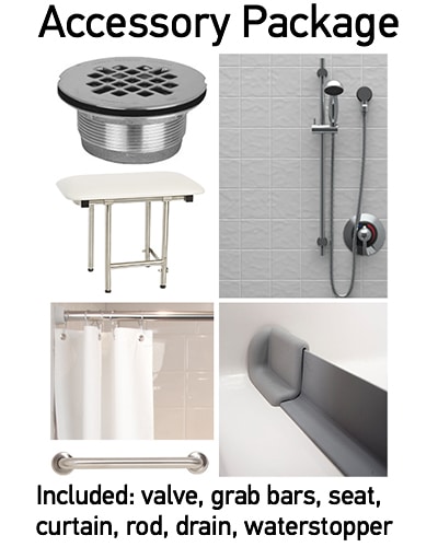 KPACKB48XX Accessory Package for 48"x34" & 48"x48" roll-in/walk-in showers: includes valve, grab bars, foldable seat, curtain & rod, drain, and waterstopper—everything you need for your accessible bathroom upgrade.