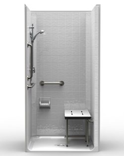 The LCS4038A5B One-Piece 40” x 38” ADA Shower features a .5" beveled threshold, center drain, white tiled walls, handheld showerhead, horizontal and vertical grab bars, soap dish, and foldable bench on the right wall.