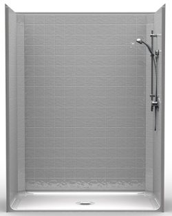 The LCS6030B75B is a modern one-piece 60” x 30” roll-in shower with light gray square tiles, a .75” threshold, center drain, wall-mounted adjustable showerhead, control knob, and right-side handheld attachment; base is white.