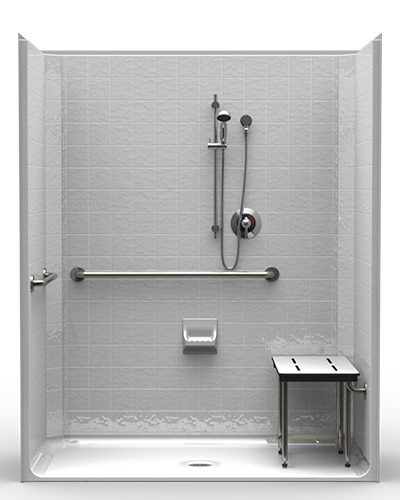 The LCS6333A75B One-Piece 63"x33" ADA Shower features white textured tile walls, a horizontal grab bar, handheld showerhead, built-in soap dish, and a right-side foldable bench with metal legs. 0.75" beveled threshold, center drain.