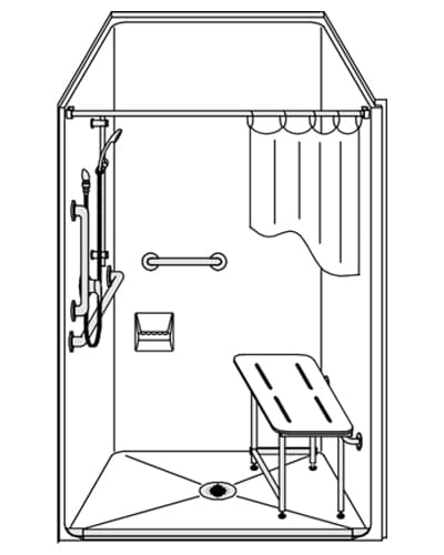 Line drawing of the LSS4038A5B: One-Piece 40" x 38" ADA Shower with .5" beveled threshold and center drain, showing grab bars, handheld showerhead, small shelf, shower curtain, and four-legged bench inside.
