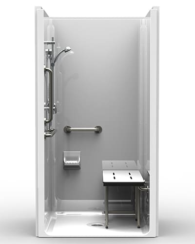 The LSS4238A5T is a 42” x 38” ADA compliant shower with a .5" threshold and center drain, featuring a hand-held showerhead, horizontal grab bar, soap dish, and right-side foldable seat for those with mobility needs.