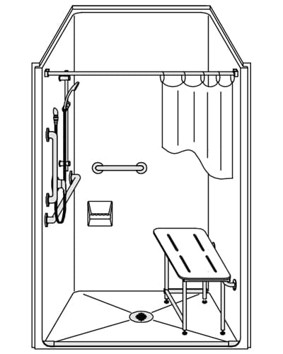 Line drawing of the LSS4238A5T: One-Piece 42” x 38” ADA Shower with .5" traditional threshold, center drain, grab bars, handheld showerhead, partial curtain, soap dish, and a shower bench with backrest and adjustable legs.