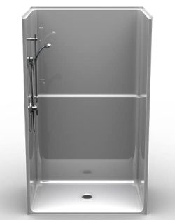 The LSS4836B5B One-Piece 48” x 36” shower features a clear, rectangular enclosure with a left-wall handheld showerhead and hose, smooth back panel, minimal modern design, .5” threshold, and central drain.