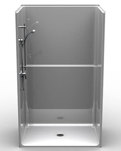 The LSS4836B5B One-Piece 48” x 36” shower features a clear, rectangular enclosure with a left-wall handheld showerhead and hose, smooth back panel, minimal modern design, .5” threshold, and central drain.