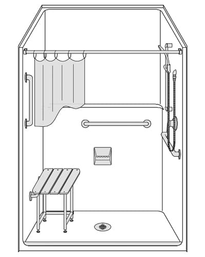 Line drawing of the LSS4836B5B One-Piece 48” x 36” roll-in shower with .5” threshold and center drain, featuring a curtain, grab bars on two walls, handheld showerhead, wall-mounted soap dish, and a folding shower seat.