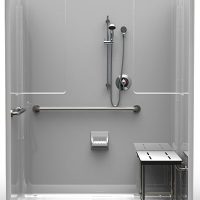 The LSS6333A75B One-Piece 63” x 33” ADA Shower features grab bars, a handheld showerhead, soap dish, right-side foldable seat, minimalist style, a .75" beveled threshold for easy entry, and a center drain for safety and accessibility.