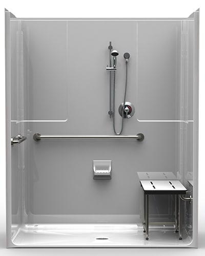 The LSS6333A75B One-Piece 63” x 33” ADA Shower features grab bars, a handheld showerhead, soap dish, right-side foldable seat, minimalist style, a .75" beveled threshold for easy entry, and a center drain for safety and accessibility.