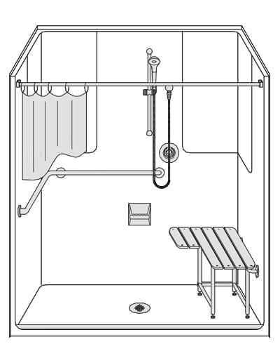 Line drawing of the LSS6333A75B: One-Piece 63" x 33" ADA Shower with .75" beveled threshold, center drain, grab bar, handheld showerhead, wall-mounted folding bench, soap dish, flat floor, and partially drawn curtain.