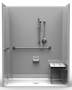 The LSS6337A75B One-Piece 63" x 37" ADA Shower features a .75" beveled threshold, center drain, wall-mounted grab bar, handheld showerhead, soap dish, right-side foldable shower seat with metal legs, and a smooth light-colored interior.