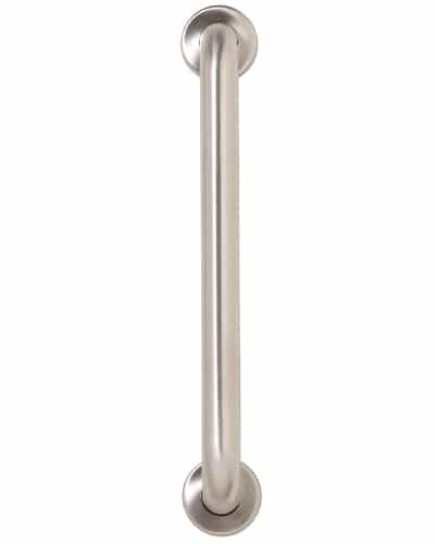 Grab Bars: Stainless steel grab bar with round mounting plates on both ends, displayed vertically against a plain white background.