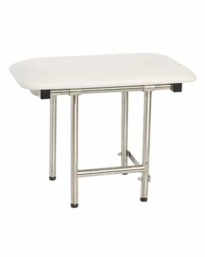 The Shower Seats is a white, rectangular bench with a smooth seat and metal legs featuring rubber tips for grip, designed to offer stability, support, and compact utility in the shower.